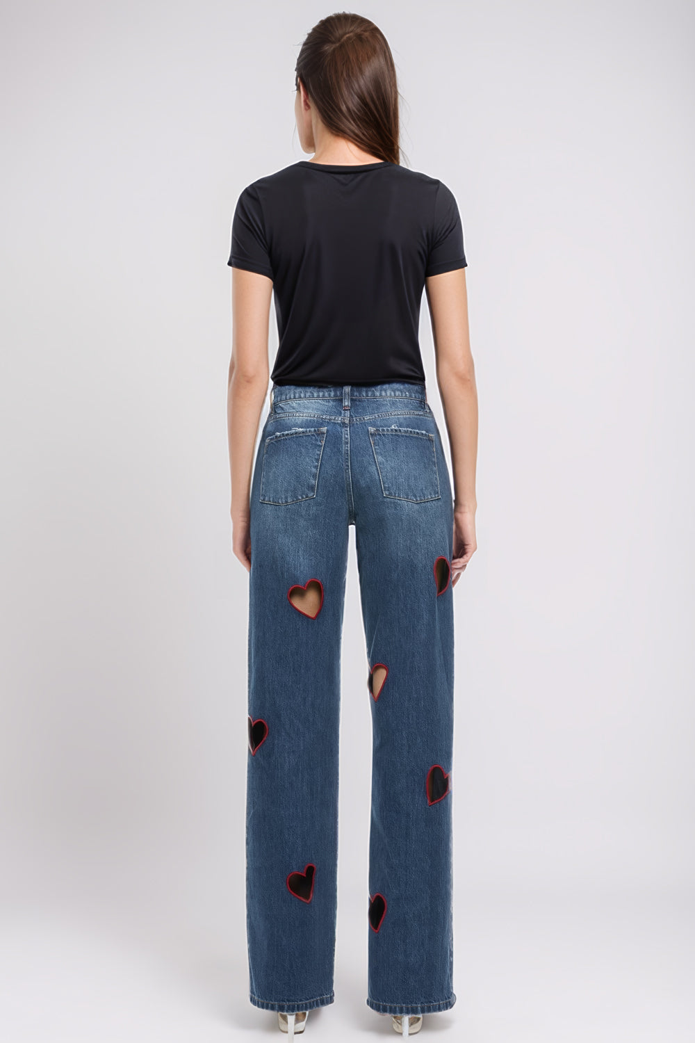 High-Waisted Jeans with Heart Cut-Out Details - Dark Blue