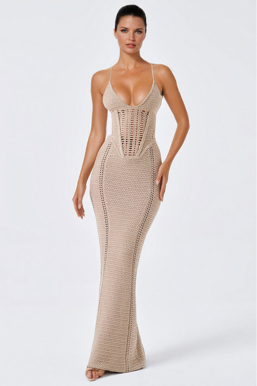 Knitted Corset-Style Maxi Dress - Beige