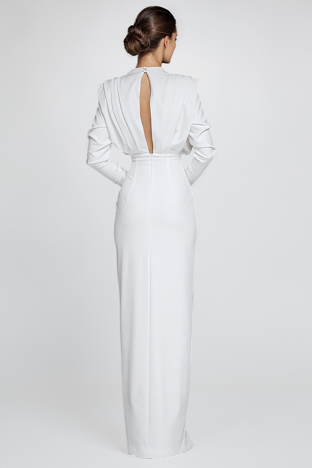 Sophisticated Maxi Dress with High Slit and Long Sleeves - White