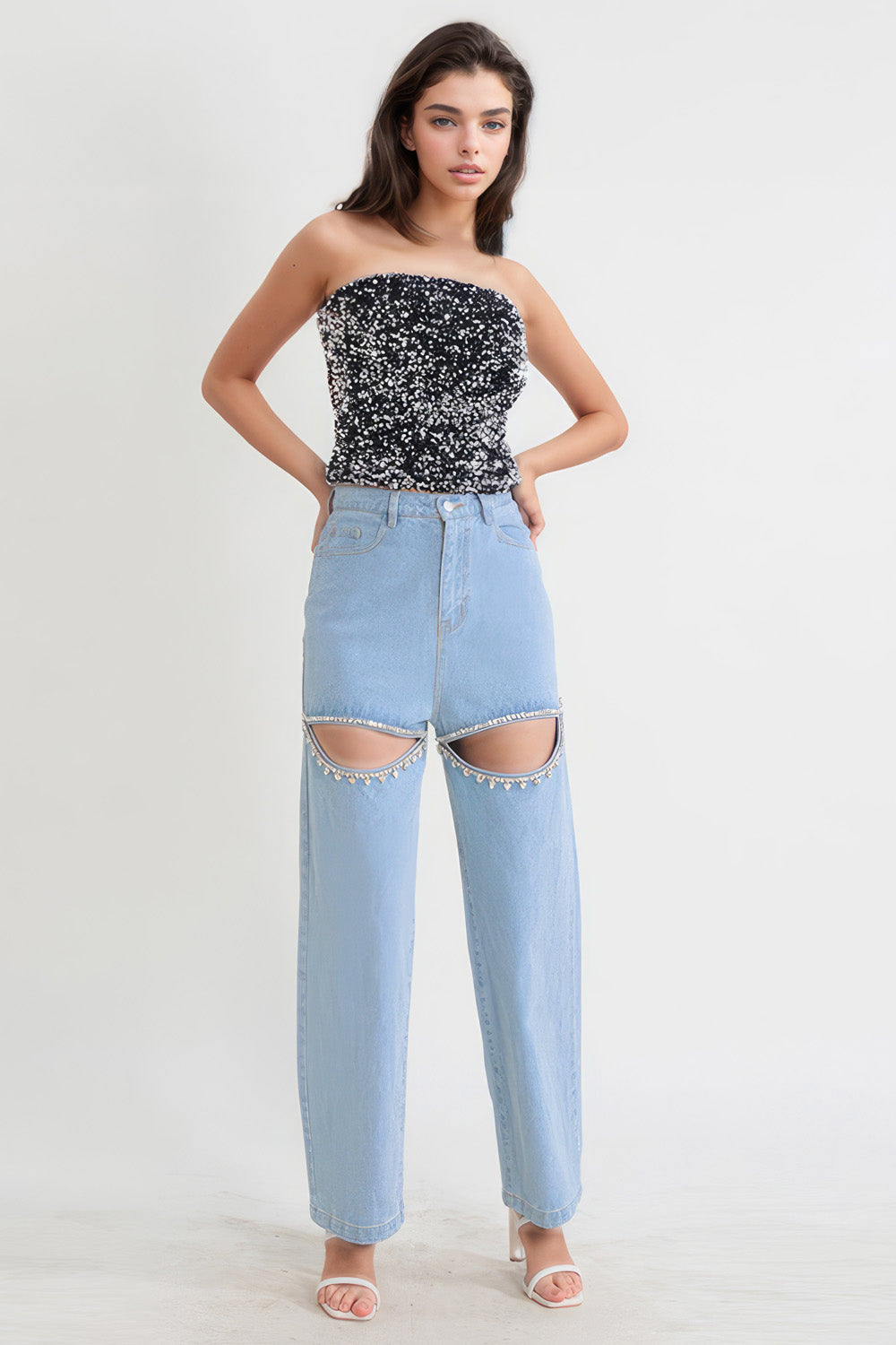 High-Waisted Embellished Cutout Jeans - Blue