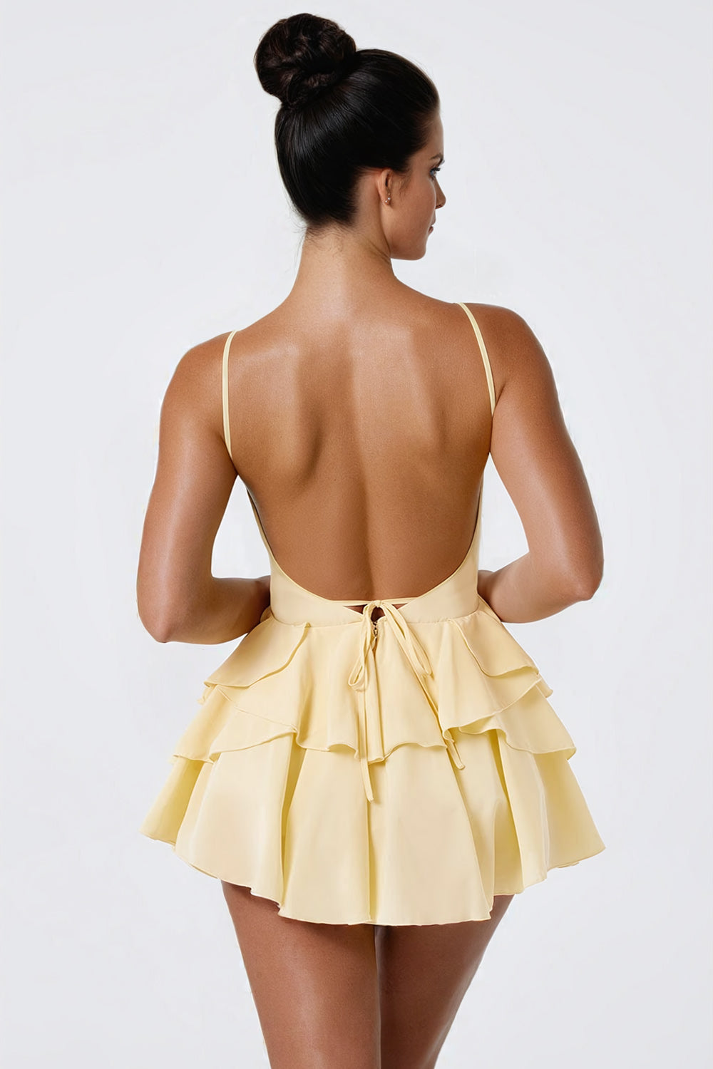 Mini Dress with Layered Ruffles - Yellow