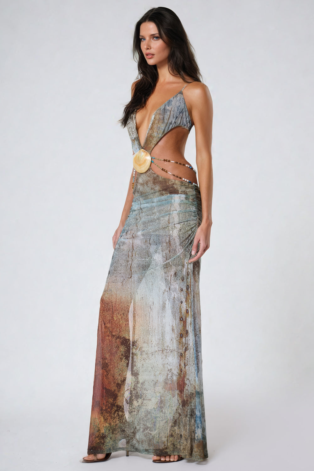 Printed Maxi Dress with Shell Detail - Brown