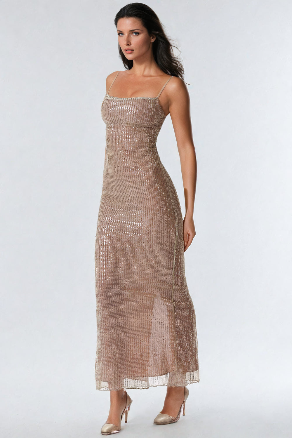 Sequin Embellished Maxi Dress - Beige