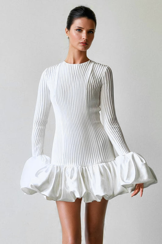 Ribbed Mini Dress with Flared Hem and Skirt - White