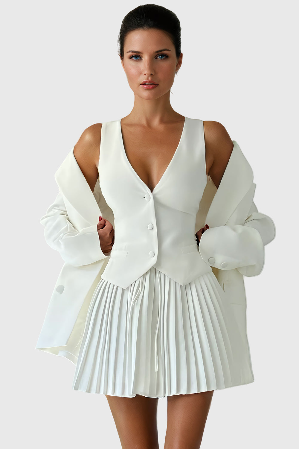 Buttoned Vest and Pleated Skirt Co-Ord Set - White