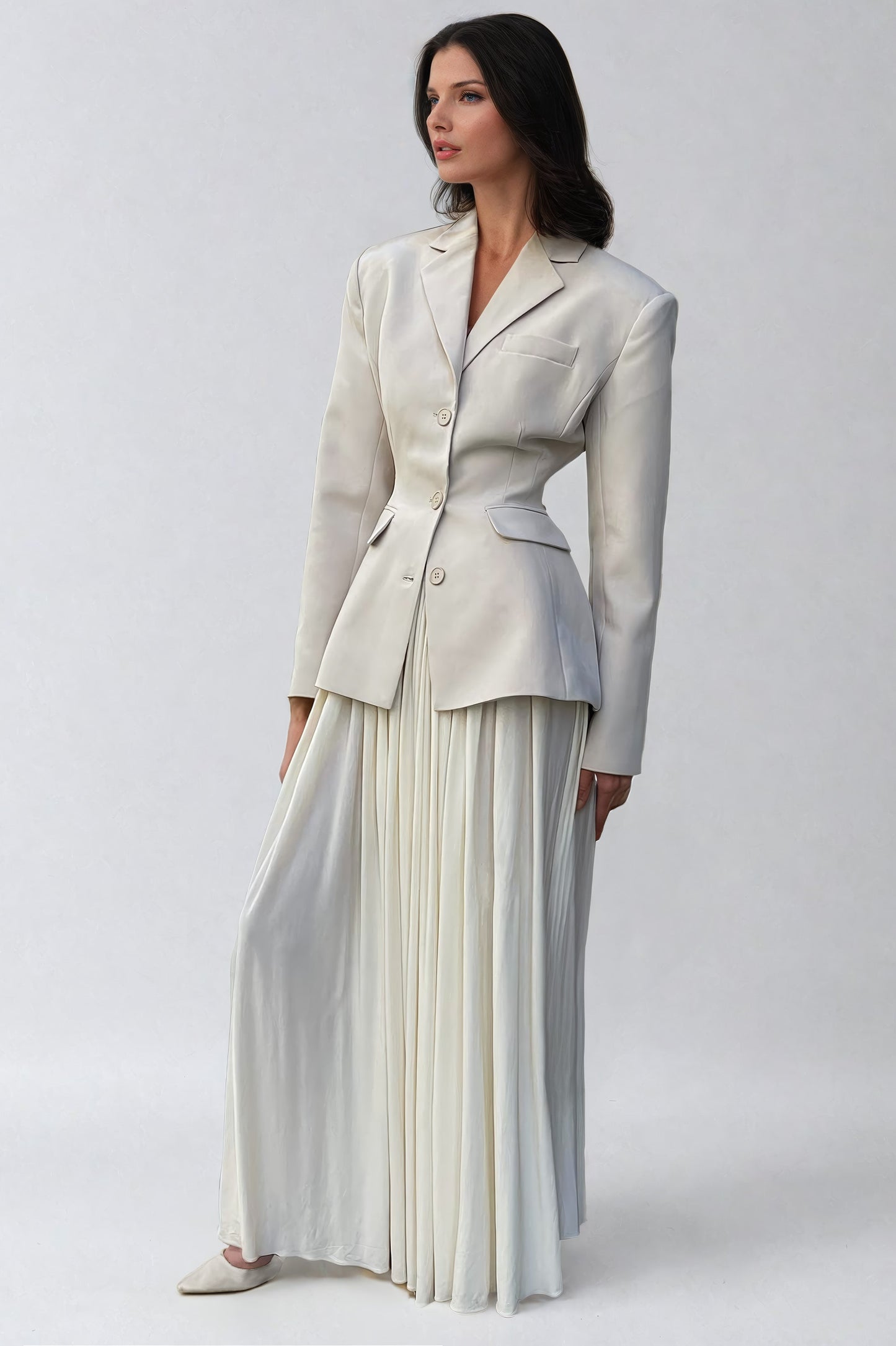 Structured Blazer and Pleated Maxi Skirt Two-Piece Set - Beige