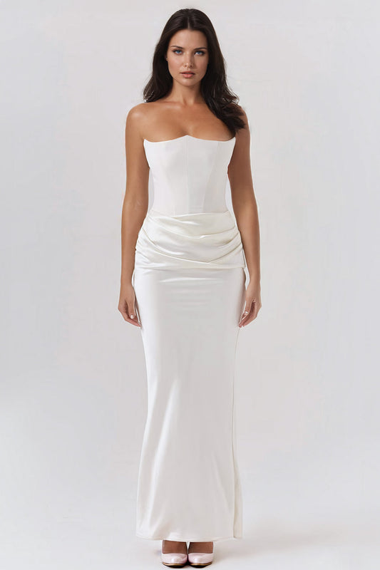 Strapless Maxi Dress with Draped Waist - White