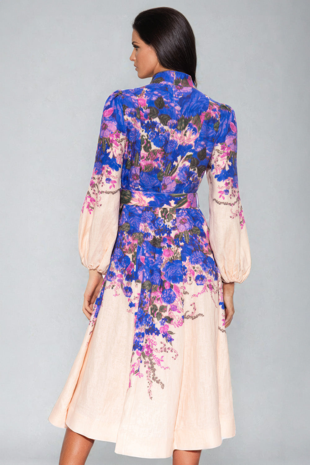 Long Sleeve Floral Midi Dress - Beige