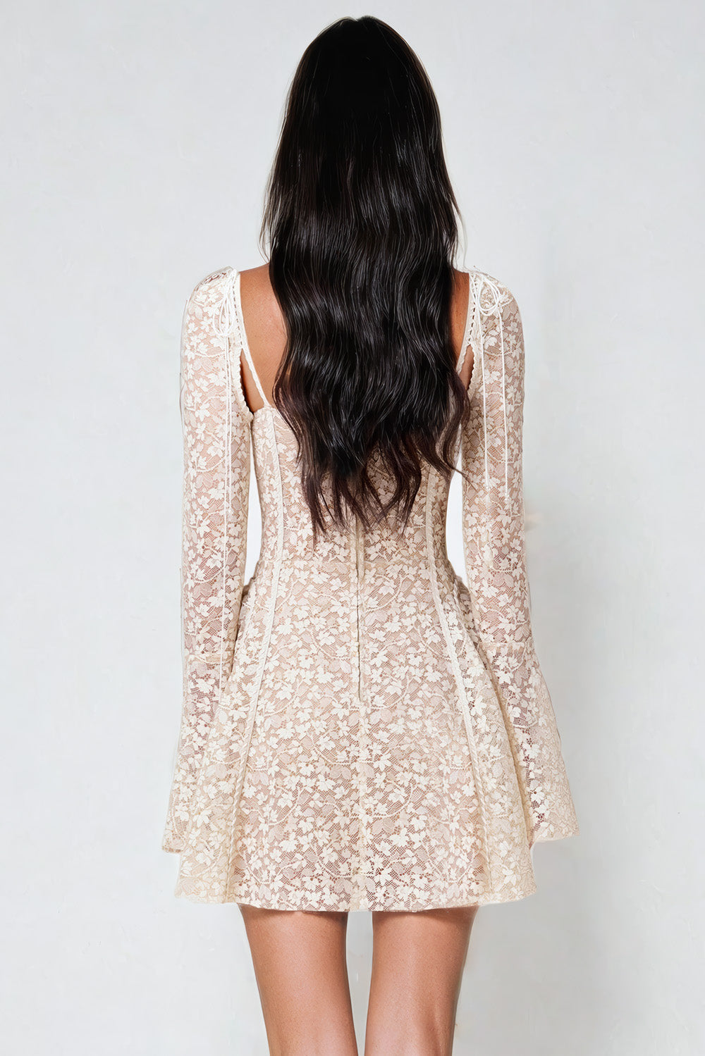 Lace Mini Dress with Flared Cuffs - Beige