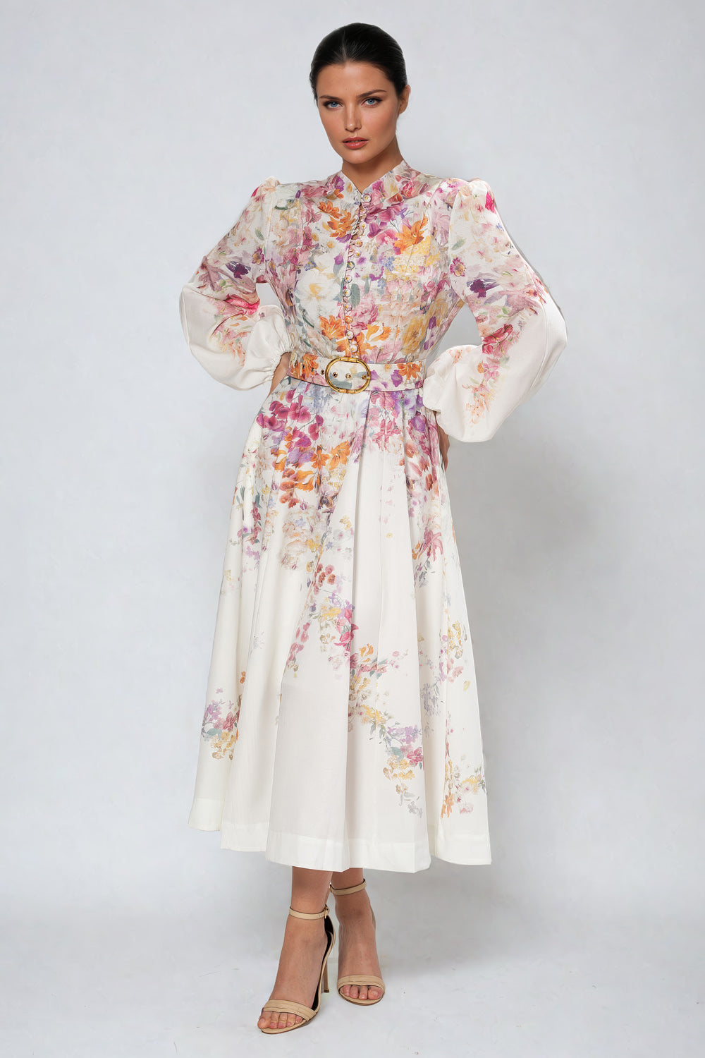 Printed Long Sleeve Midi Dress with Belt - White