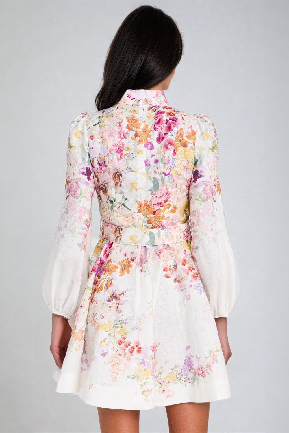 Floral Long Sleeve Mini Dress with Belt - White