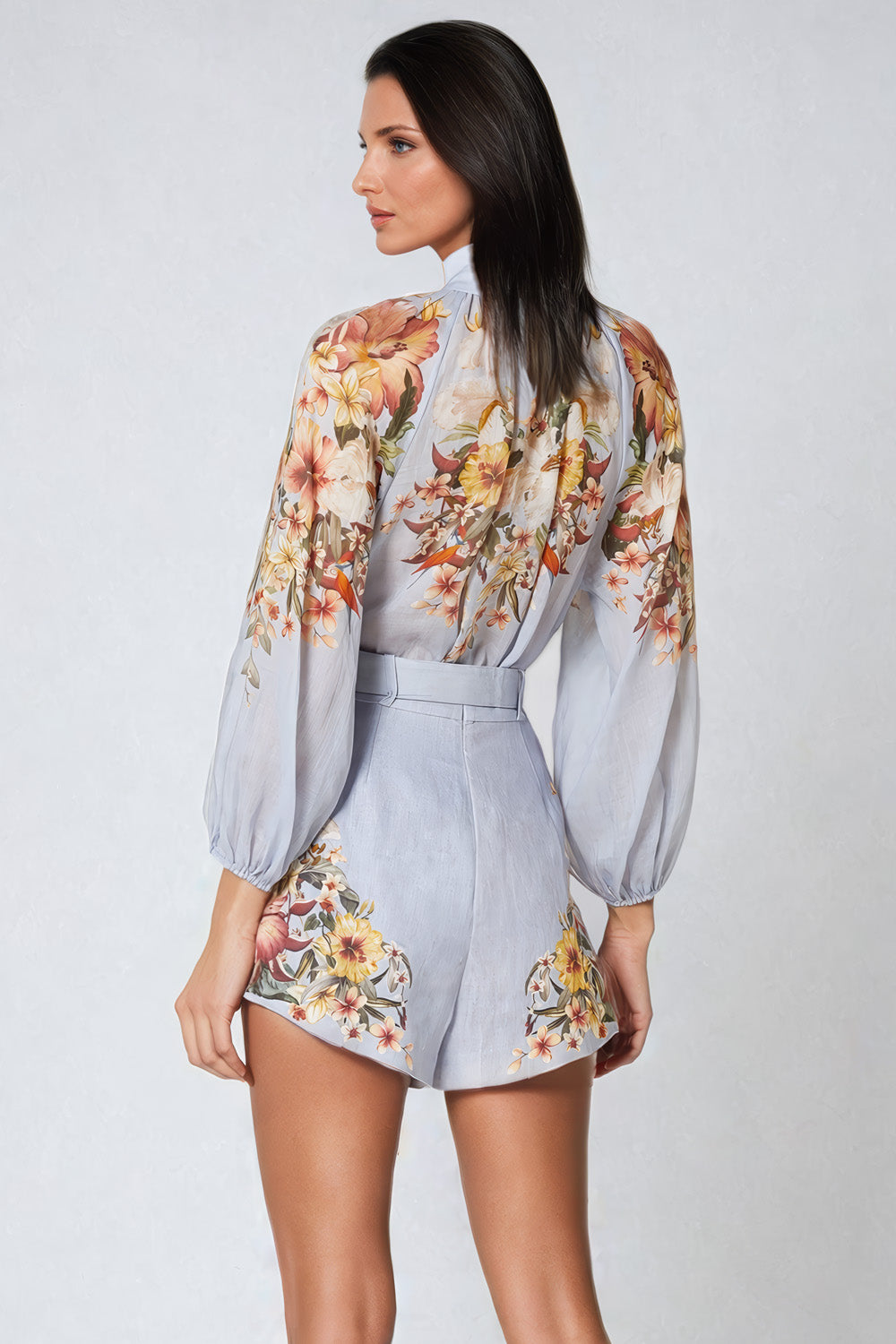 Floral Co-Ord Set with High Neck Shirt and Wide Leg Shorts - Blue