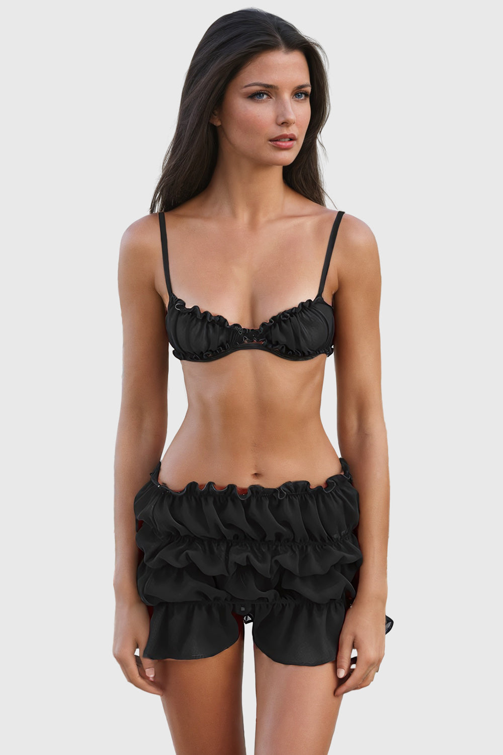 Two-Piece Set with Ruffled Top and Mini Skirt - Black