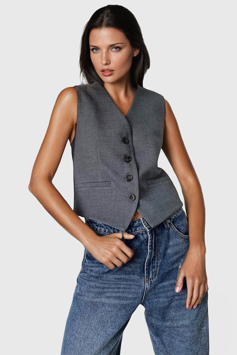 Buttoned Vest and Wide-Leg Trousers Two-Piece Set - Gray