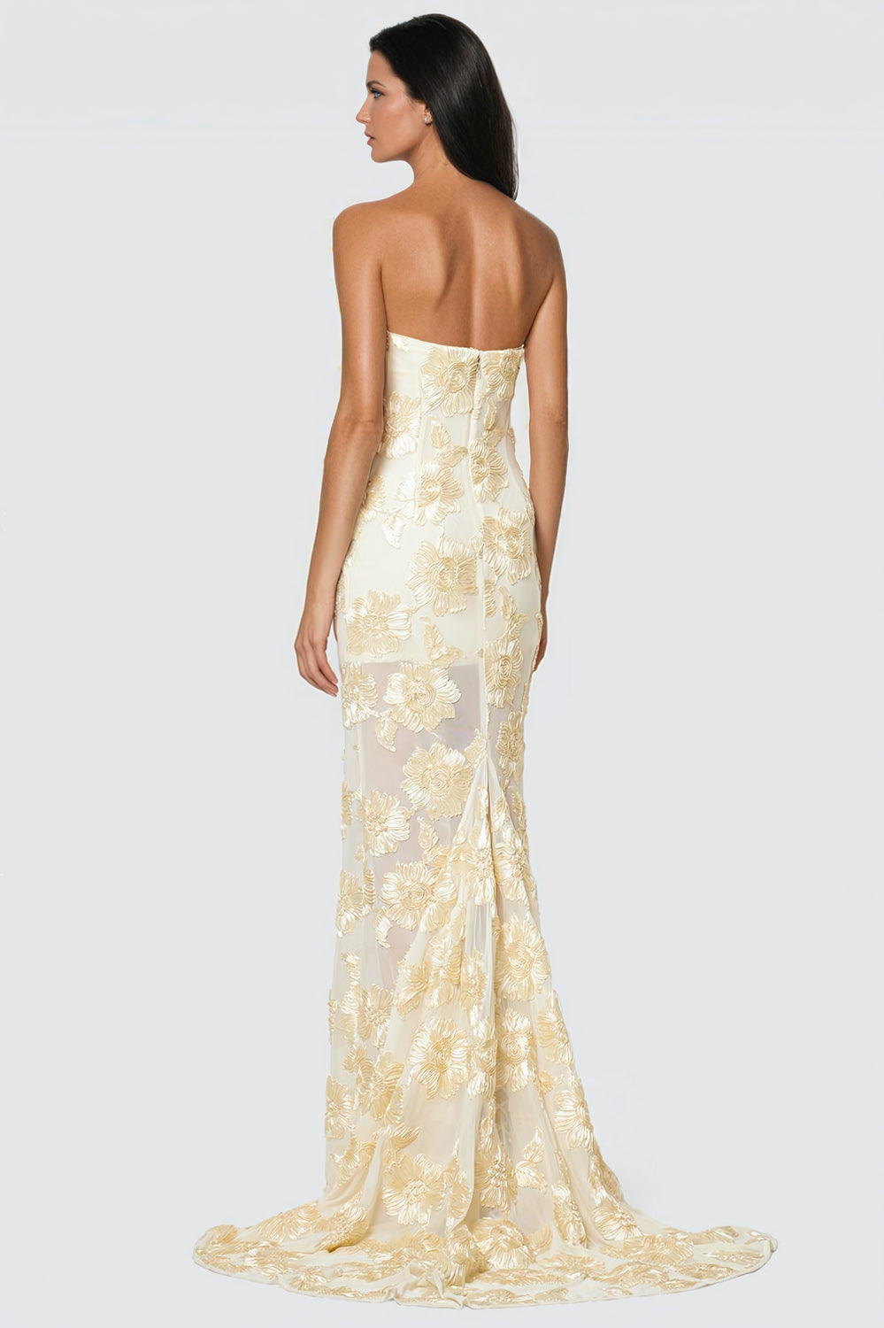 Floral Embellished Maxi Dress with Train - Ivory