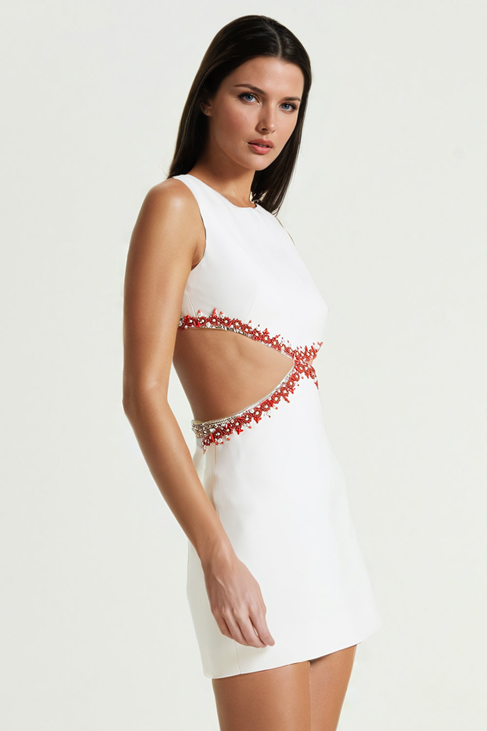 Cut-Out Mini Dress with Beaded Detailing - White