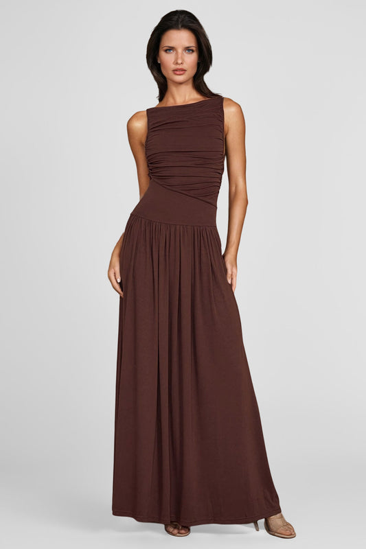 Asymmetrical Maxi Dress with Boat Neck - Brown