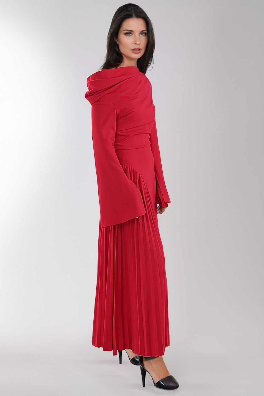 Asymmetrical Maxi Dress with Pleated Detailing - Red