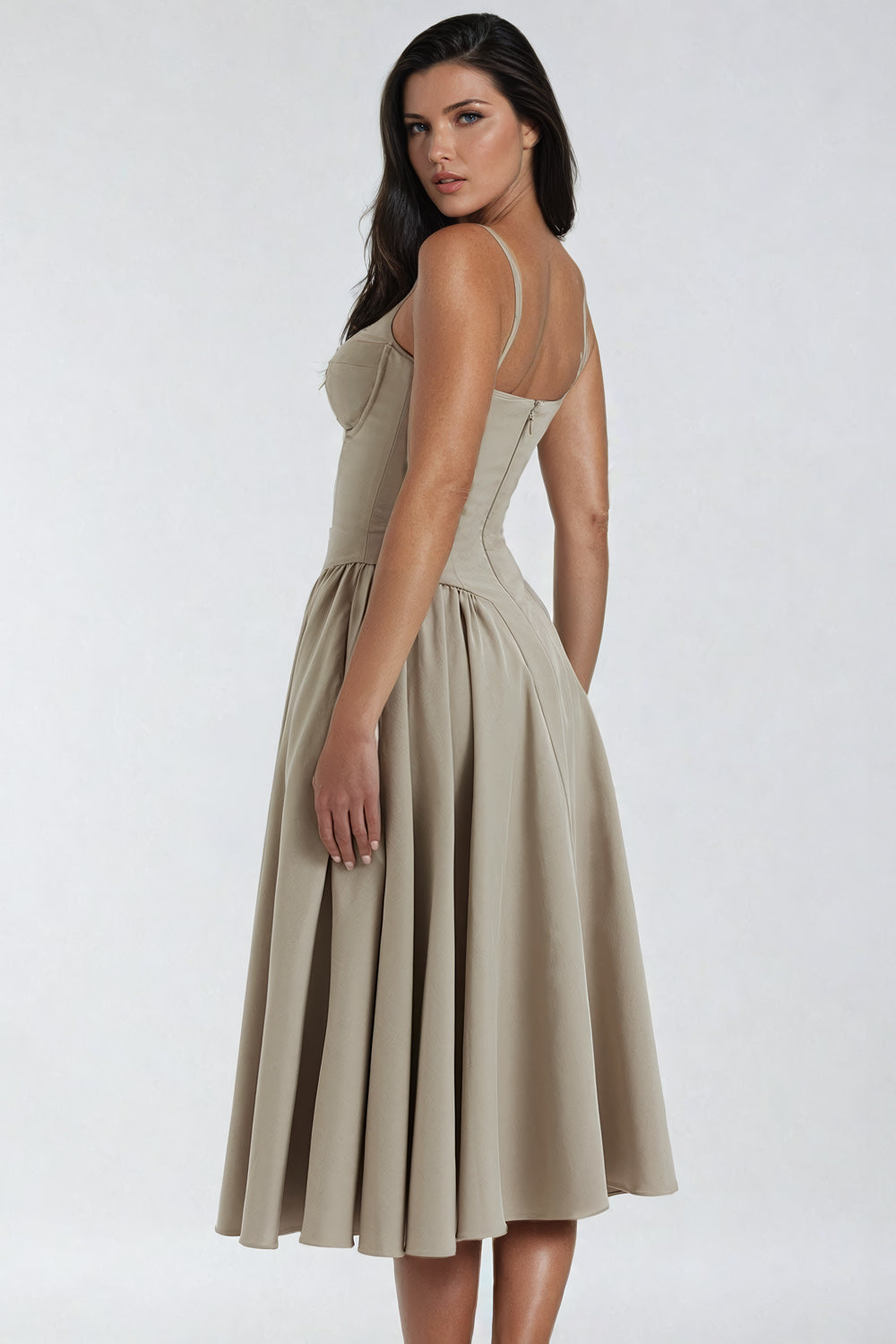 Midi Dress with Sweetheart Neckline - Beige