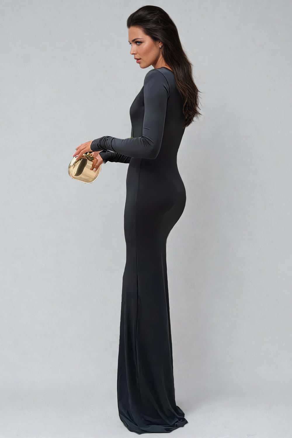 Long Sleeve Bodycon Dress with Deep V-Neckline - Black