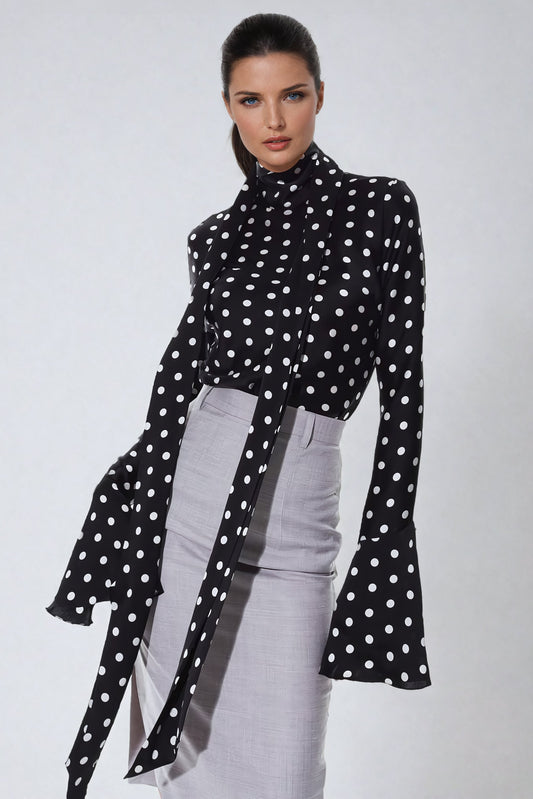 High-Neck Blouse with Statement Bow and Flared Cuffs - Black