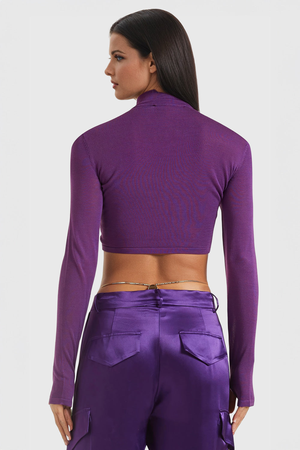 Ruched Crop Top with Long Sleeves - Purple