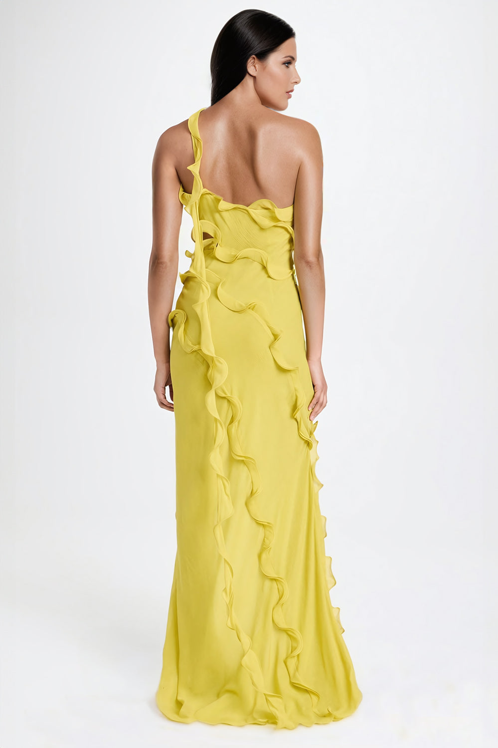 Asymmetrical Ruffled Maxi Dress with Cutouts - Yellow