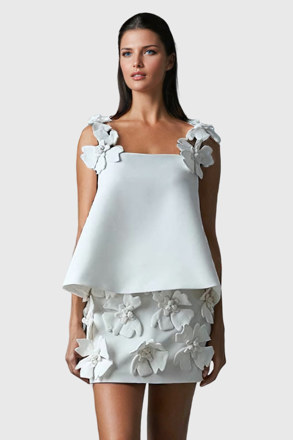 3D Floral Embellished Top and Skirt Two-Piece Set - White