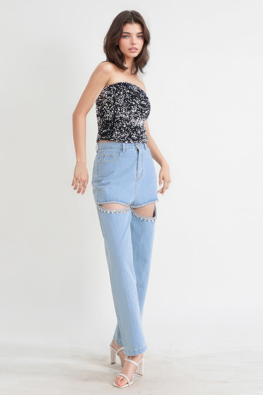 High-Waisted Embellished Cutout Jeans - Blue