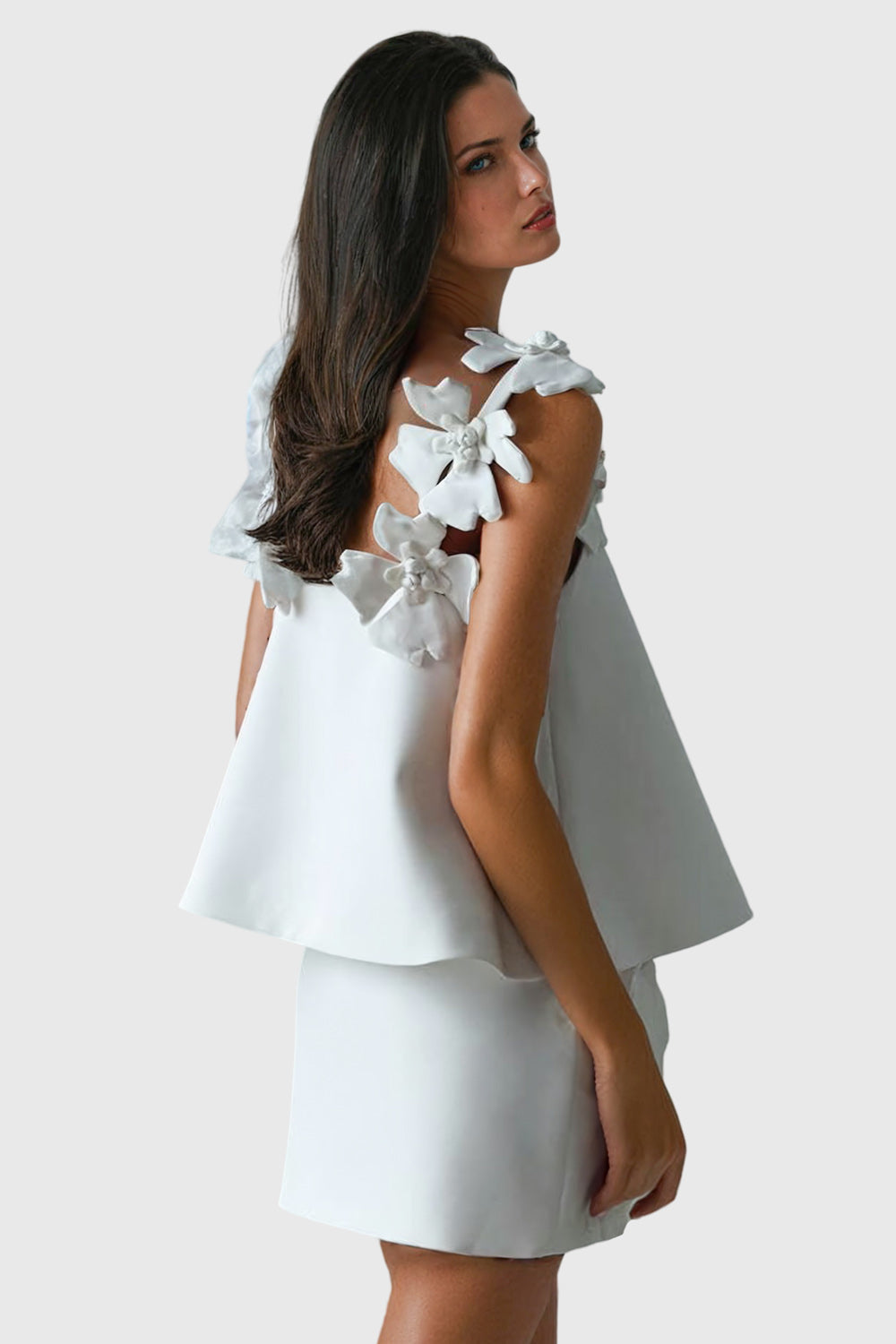 3D Floral Embellished Top and Skirt Two-Piece Set - White