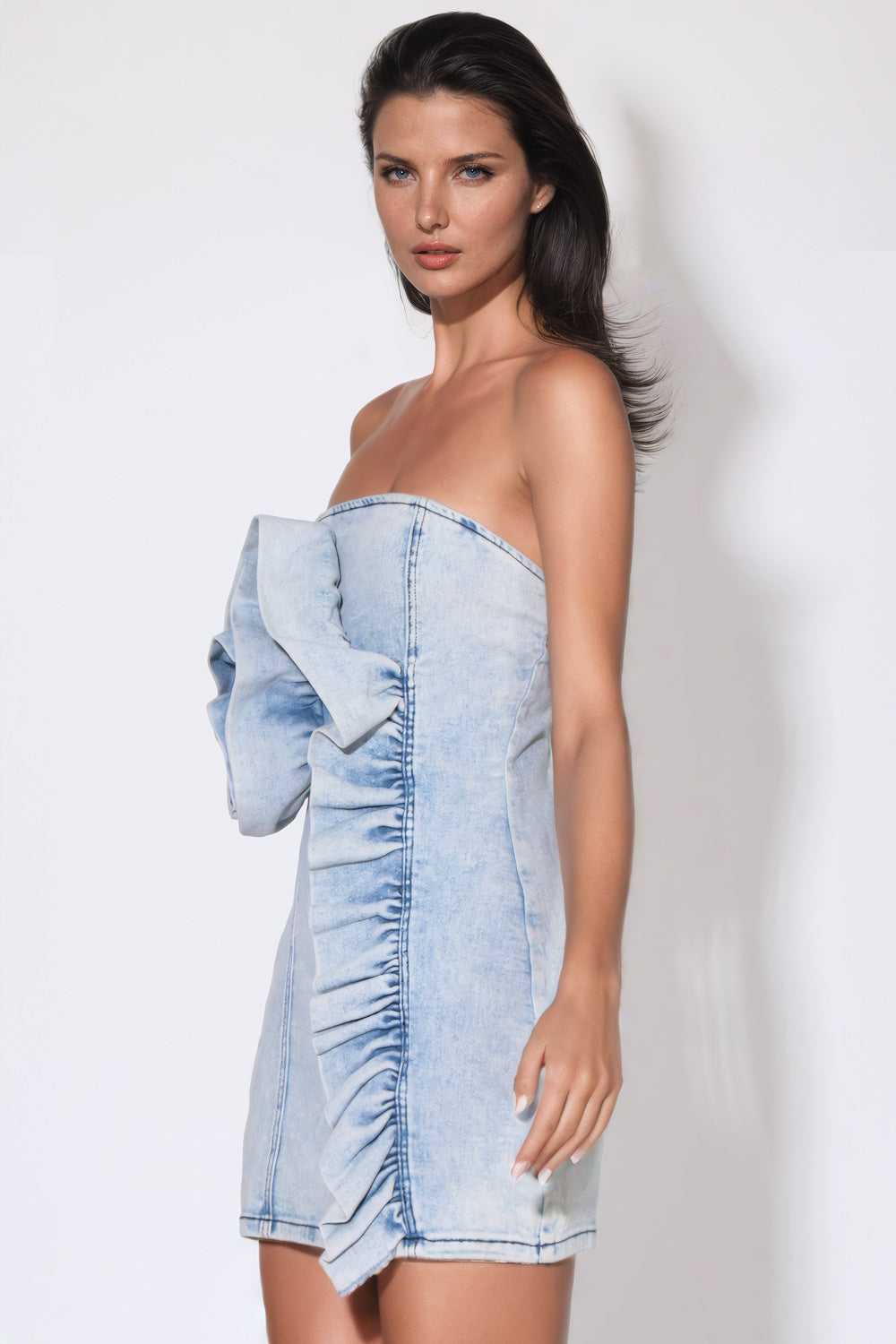 Denim Mini Dress with Rosette Detail - Blue