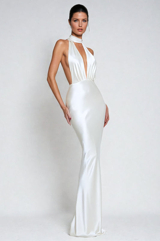 Halter Maxi Dress with Deep V-Neckline - White