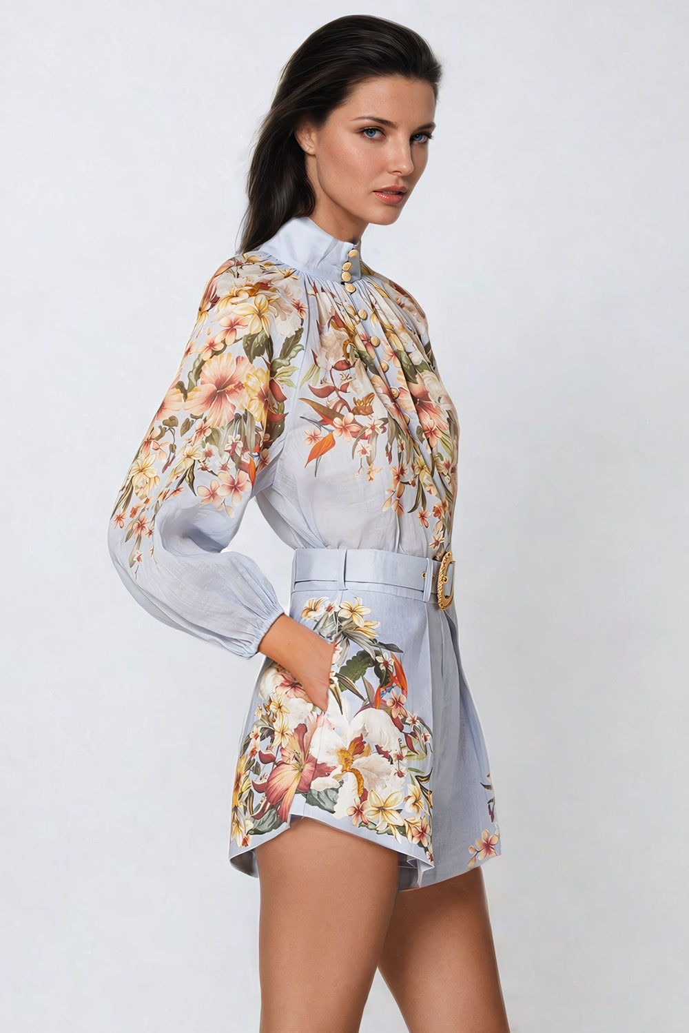 Floral Co-Ord Set with High Neck Shirt and Wide Leg Shorts - Blue