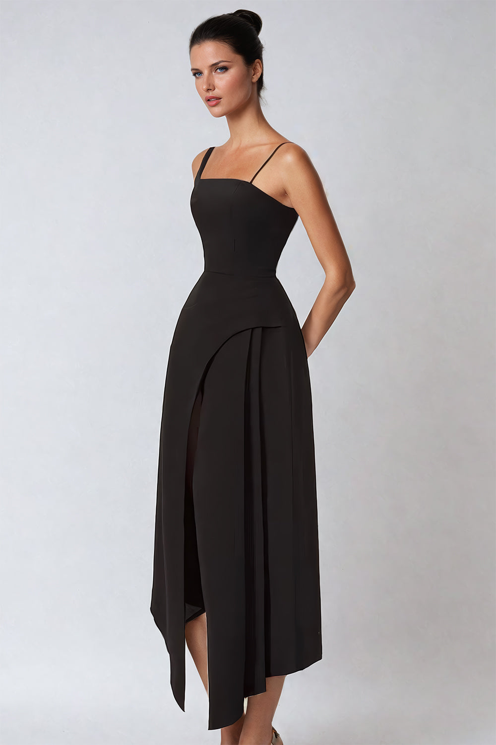 Asymmetrical Midi Dress with Cloack - Black