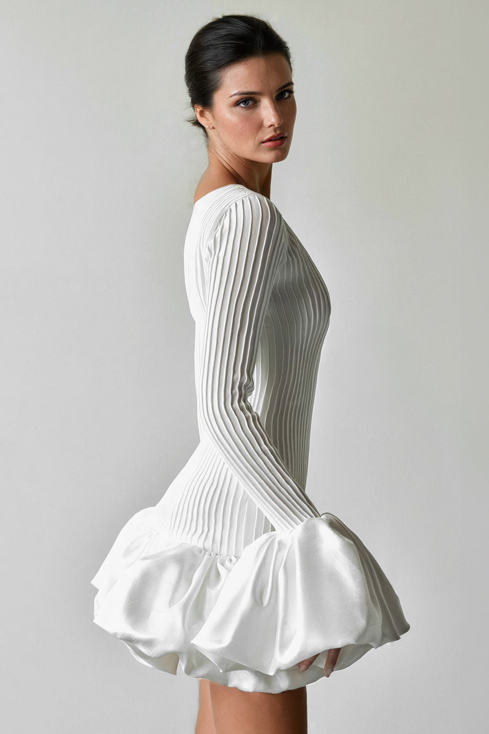 Ribbed Mini Dress with Flared Hem and Skirt - White