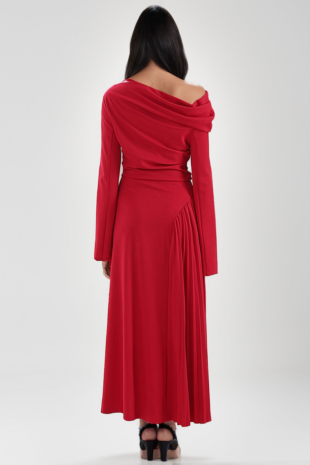 Asymmetrical Maxi Dress with Pleated Detailing - Red