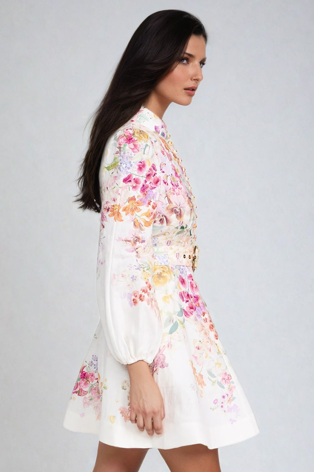 Floral Long Sleeve Mini Dress with Belt - White