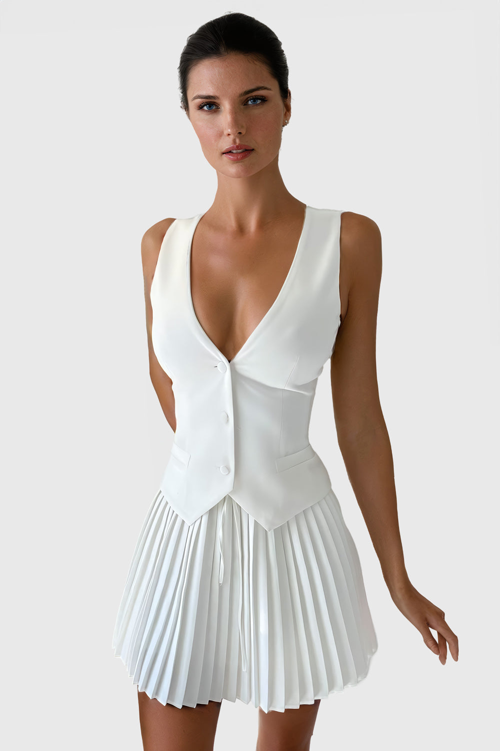 Buttoned Vest and Pleated Skirt Co-Ord Set - White