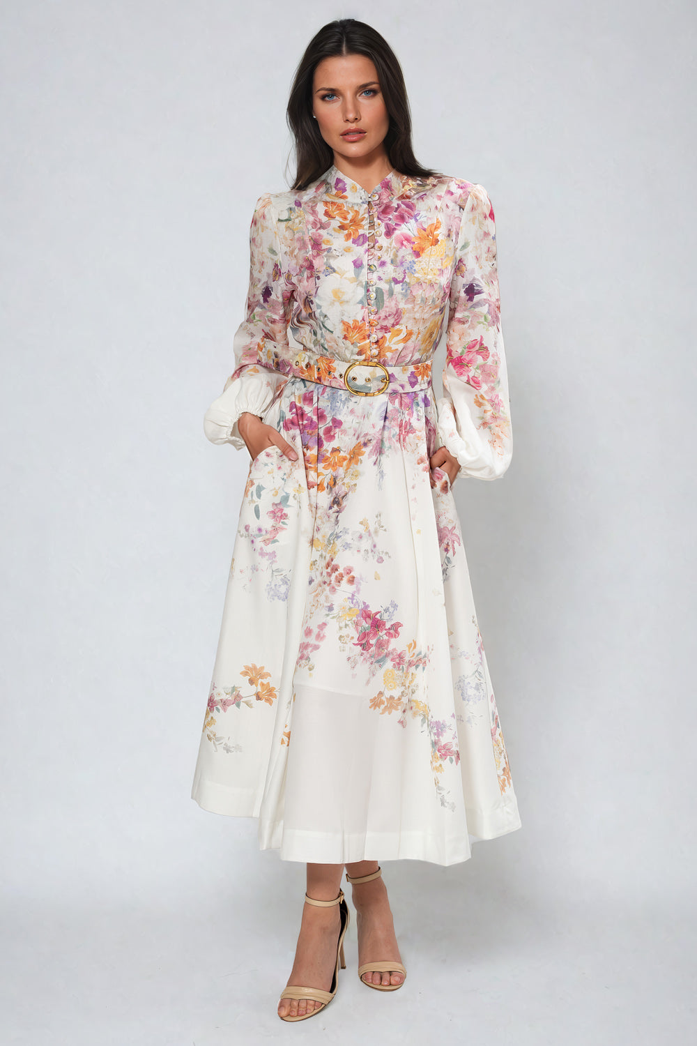 Printed Long Sleeve Midi Dress with Belt - White