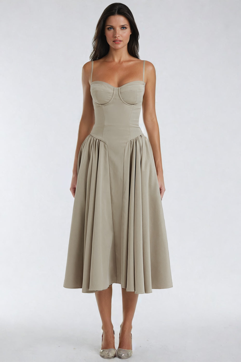 Midi Dress with Sweetheart Neckline - Beige