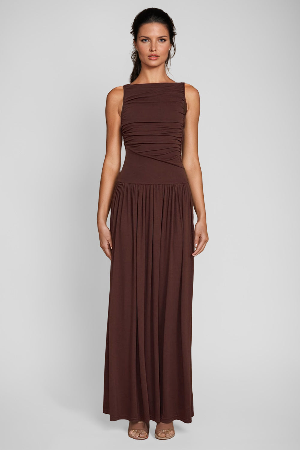 Asymmetrical Maxi Dress with Boat Neck - Brown