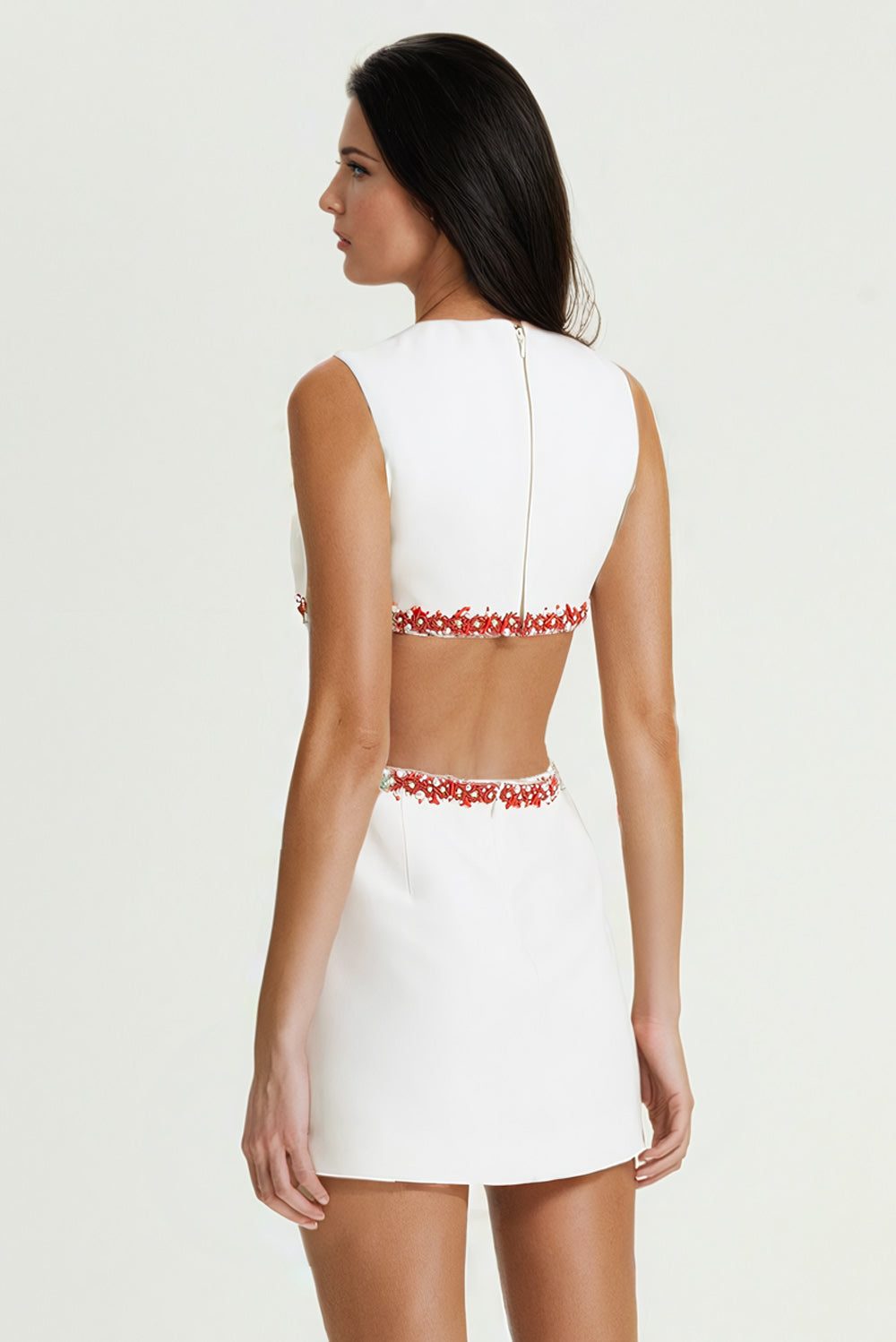 Cut-Out Mini Dress with Beaded Detailing - White