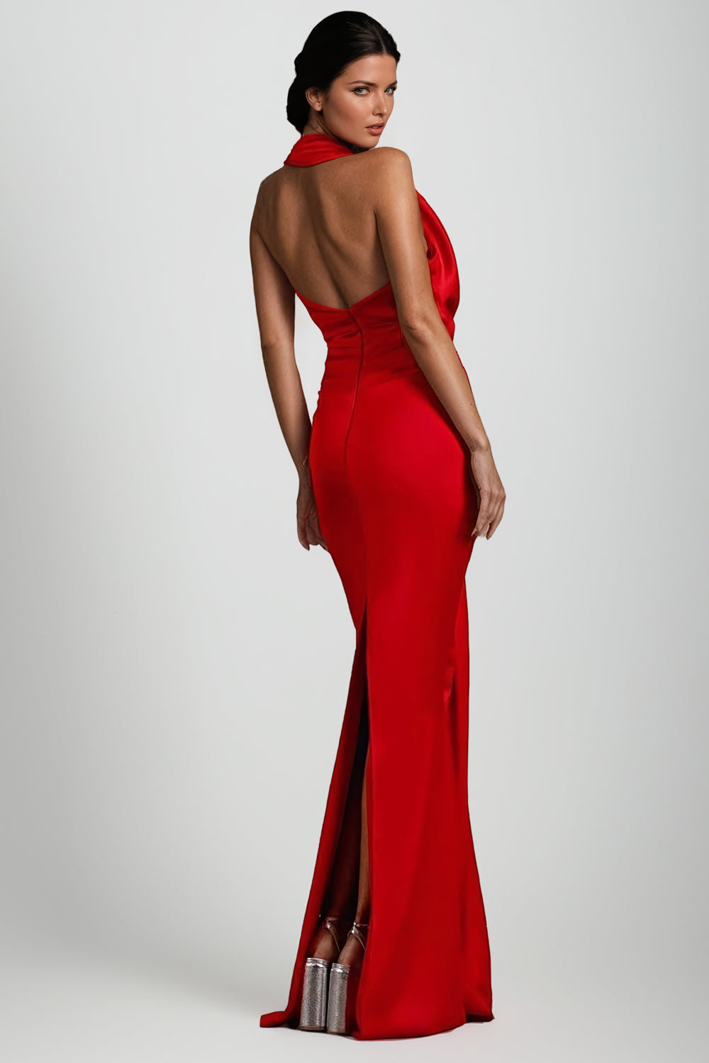 V-Neck Hanging Neck Pleated Maxi Dress - Red