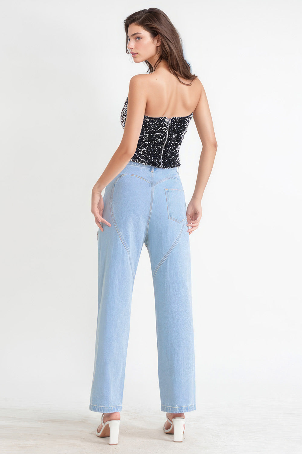 High-Waisted Embellished Cutout Jeans - Blue
