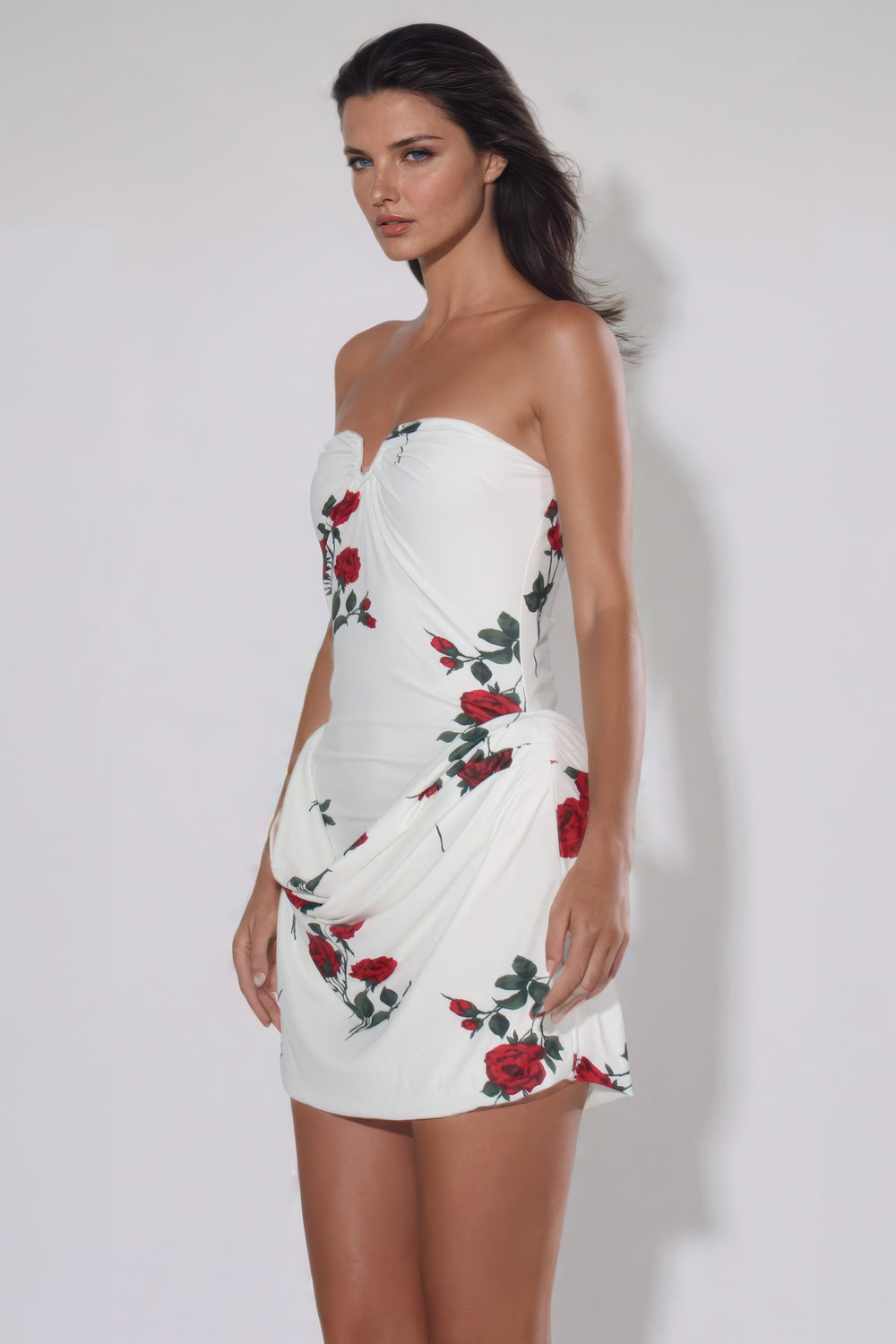 Strapless Floral Mini Dress with Cinched Waist - White