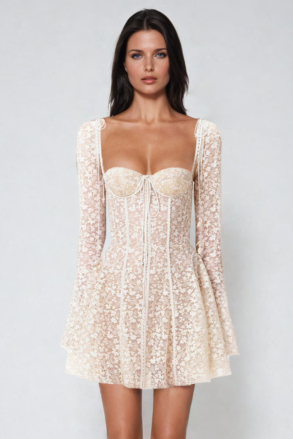 Lace Mini Dress with Flared Cuffs - Beige