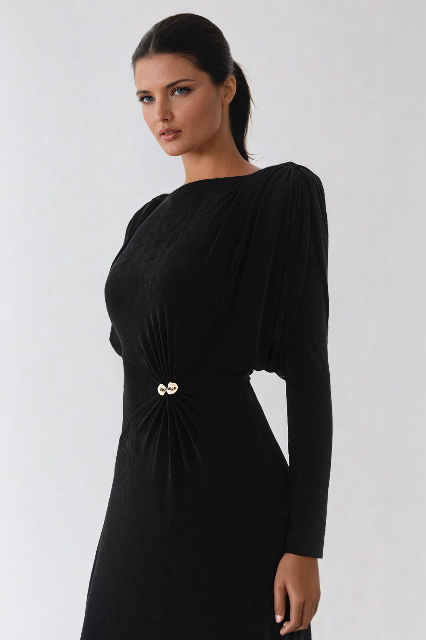 Elegant Long-Sleeve Draped Maxi Dress with Ruched Details - Black