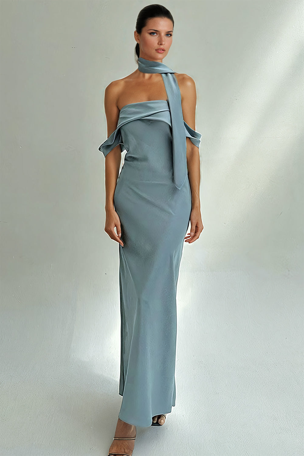 Draped Maxi Dress with Scarf Detail - Blue