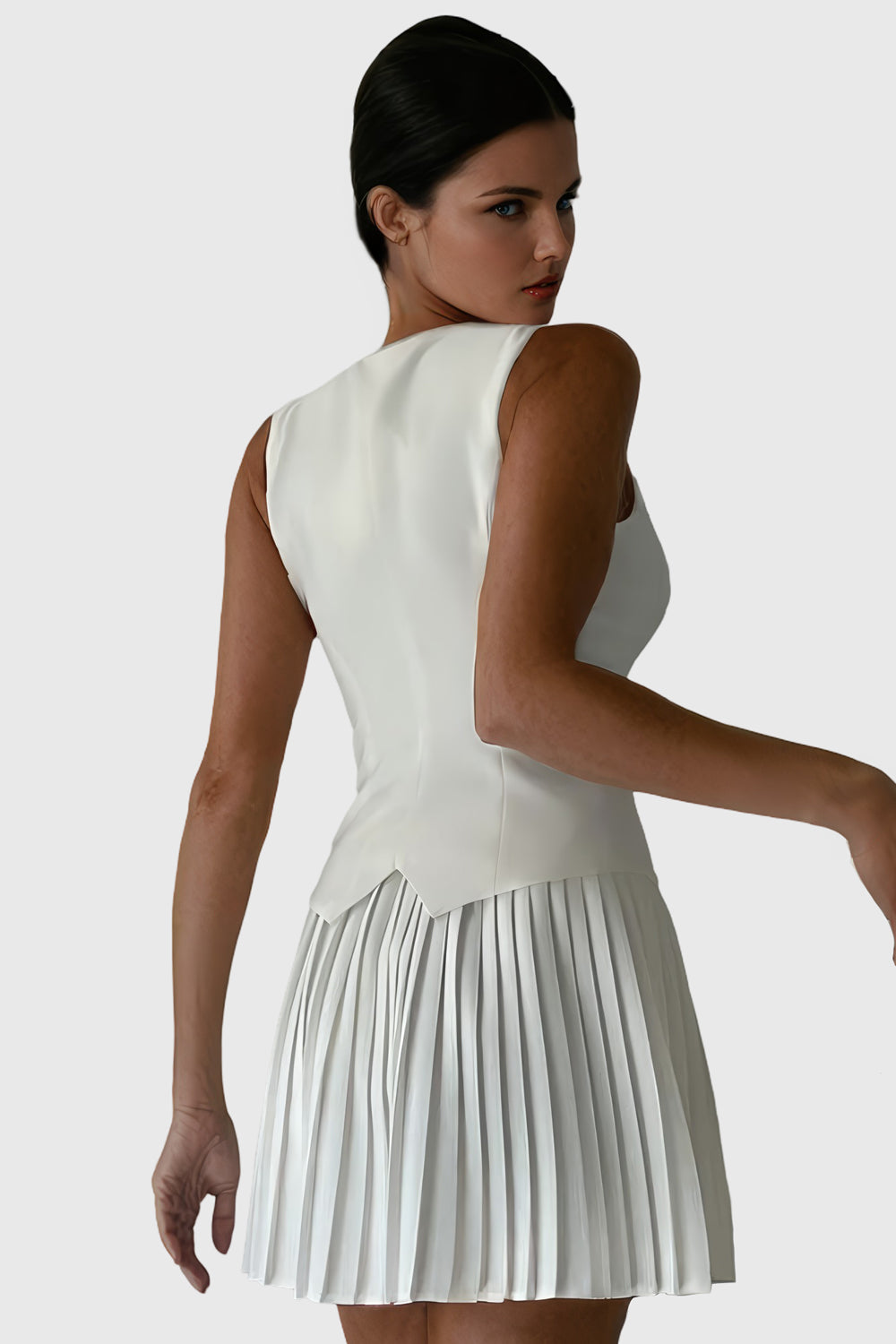 Buttoned Vest and Pleated Skirt Co-Ord Set - White