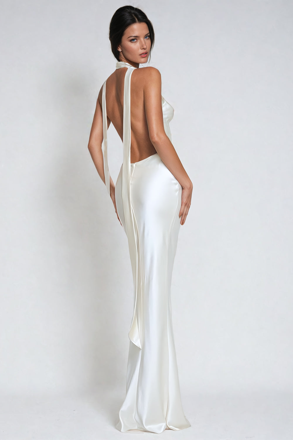 Halter Maxi Dress with Deep V-Neckline - White